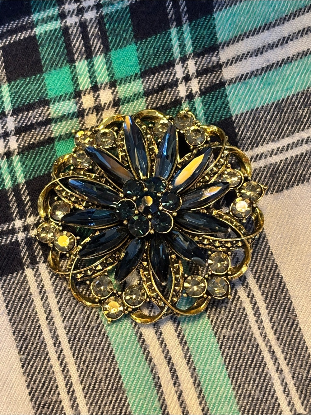 Vintage Navy Blue Rhinestone Floral Brooch Gold Tone Brooch